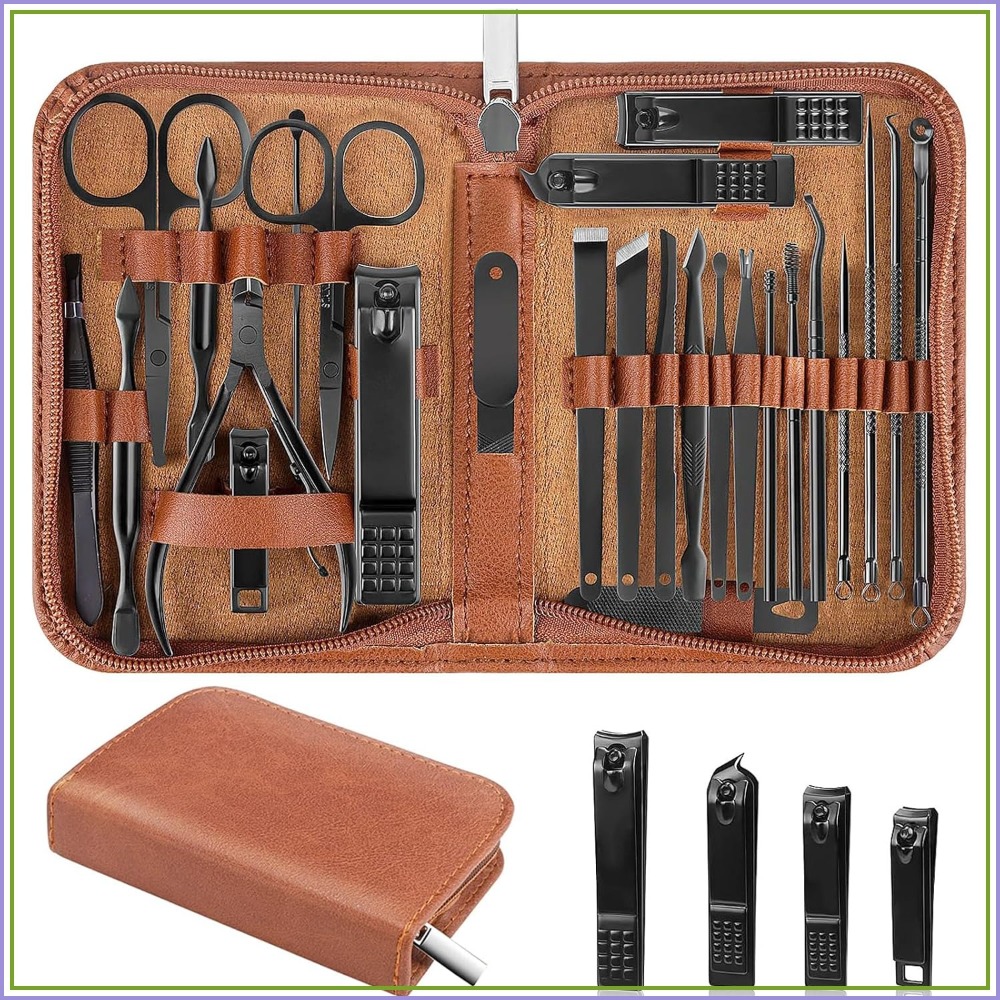 Mens Grooming Kit Case - 26個入りマニキュアネイルクリッパーセット、男性女性向けギフト、ブラウンケース | 家族や旅行に欠かせないもの、プロ用ツール、ペディキュアキット、メンズグルーミング用品、完全機能搭載、頑丈なスチール製