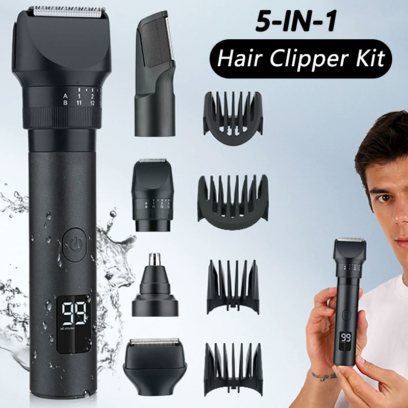 Men'S Grooming Nose Hair Trimmer - 5-in-1コードレスヘアクリッパー LEDディスプレイ付き メンズ髭/鼻毛トリマー 充電式バーバーグルーミングキット 電動ヘアカットマシン