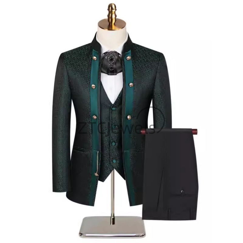 Men'S Grooming & Health Made Simple - 2026年新作中国風メンズスーツ、グリーンフルーツカラーとダークフラワー柄、宴会・結婚式用セット、新郎・花婿介添人用ガウン、3点セット