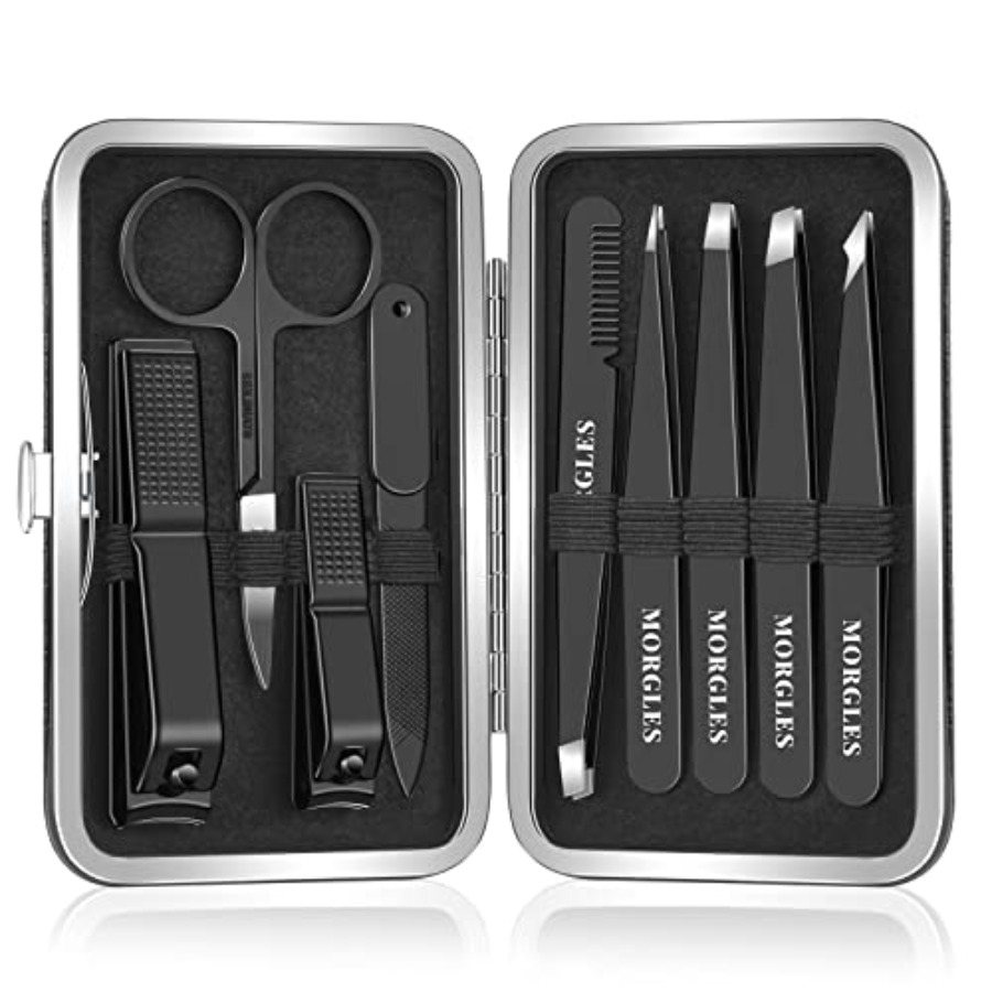 Mens Grooming Kit Case - zz-男性用ピンセットセット 9個入り爪切りキット グルーミング用ケース付き ピンセット5本、爪切り、ハサミ、防錆鋼、旅行用